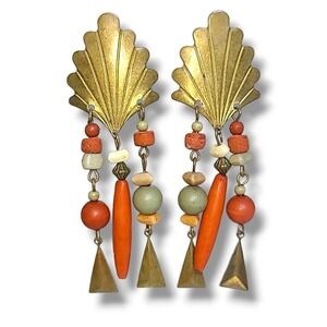 Vintage Boho Gold Tone Dangle Earrings Southwest Coral Jade Bead Statement